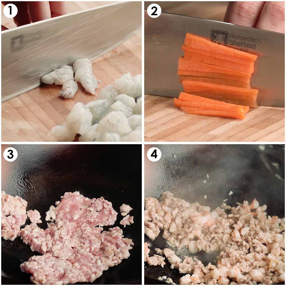 Four image collage showing how to prepare vegetables and stir fry meat.