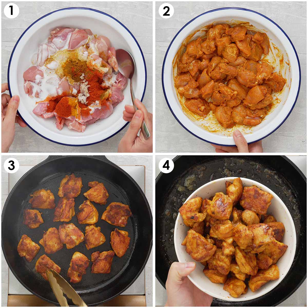 4 image collage containing, how to marinade and grill chicken satay. 