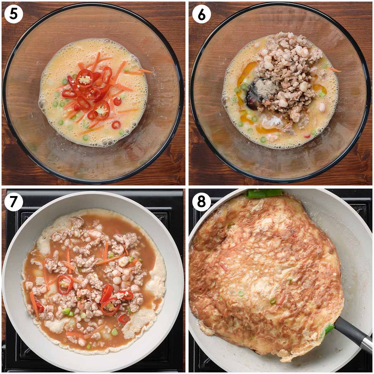 Four image collage showing how to mix egg with vegetables and how to fry it.