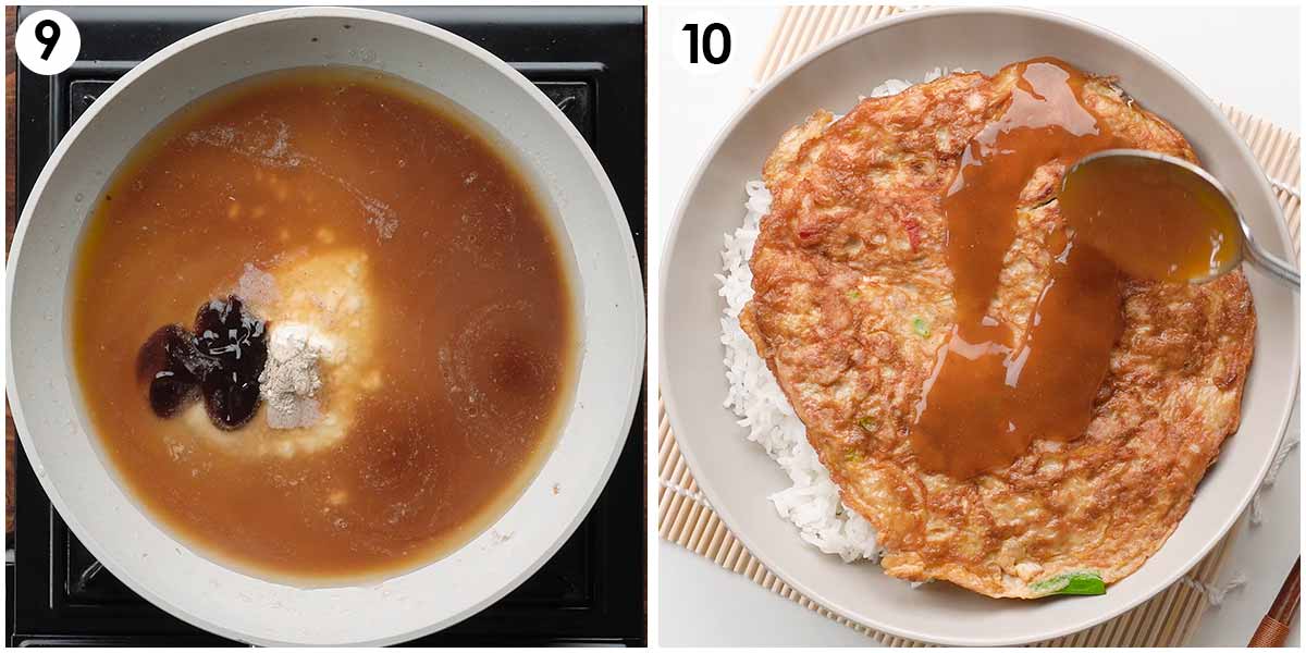 Two image collage showing how to make egg foo young sauce and how to serve with rice. 