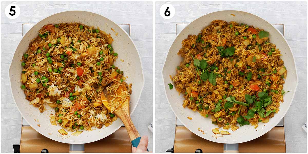 2 image collage showing how to make lamb keema rice. 