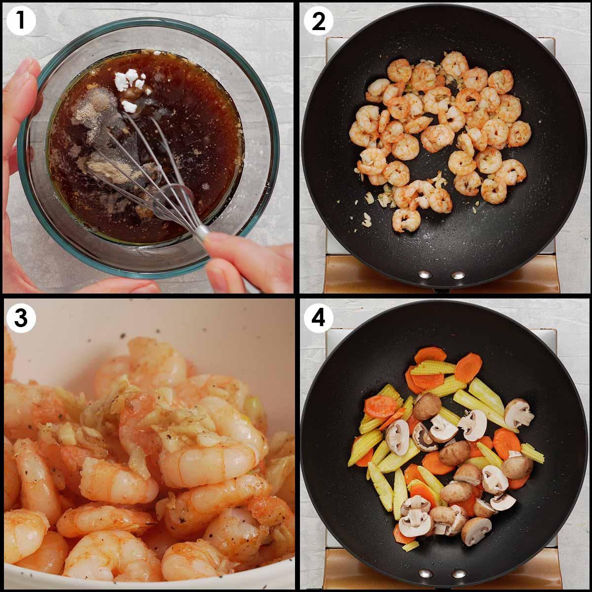 4 image collage showing how to prepare stir fry sauce, prawns and vegetables. 