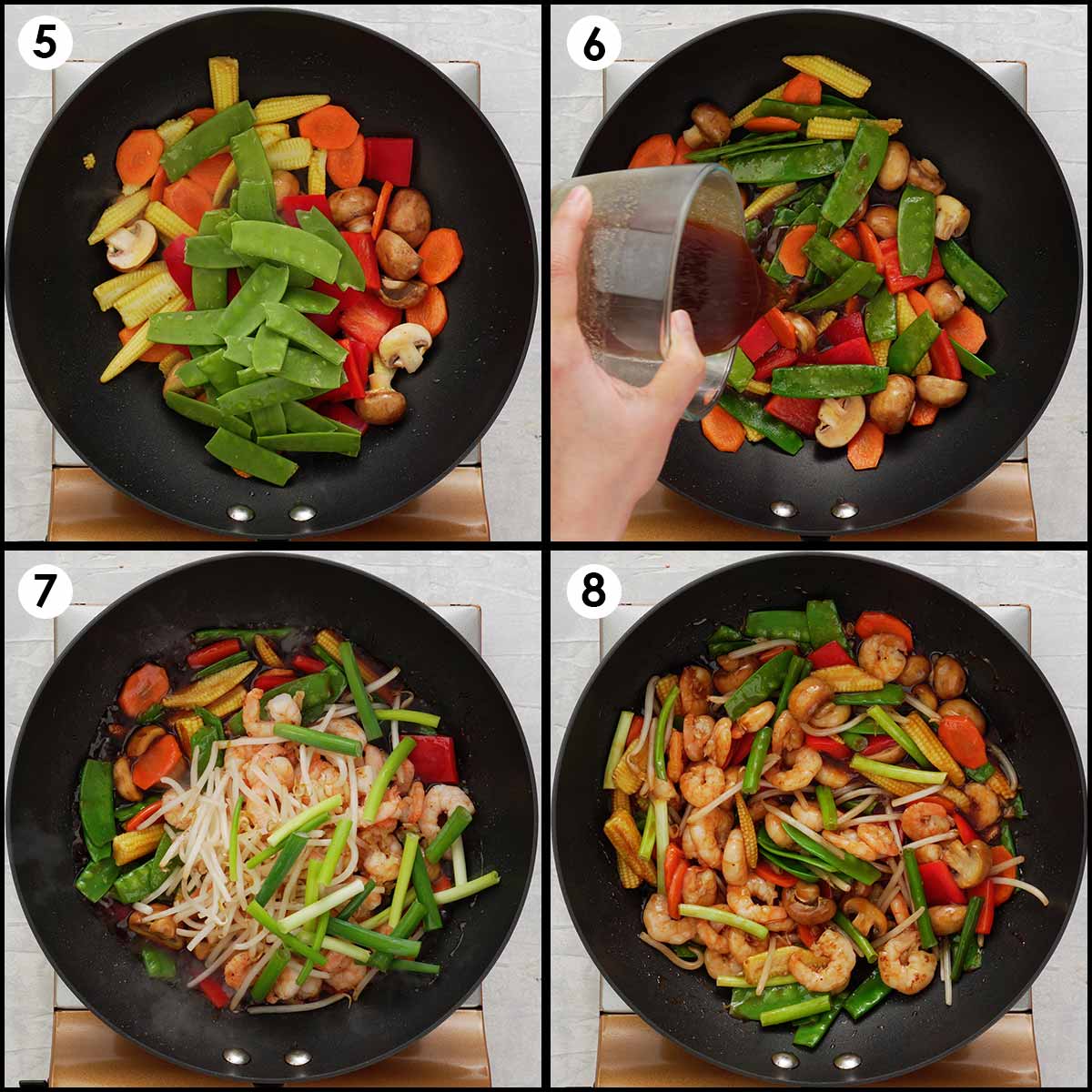 4 image collage showing how to make stir fry vegetables with sauce. 