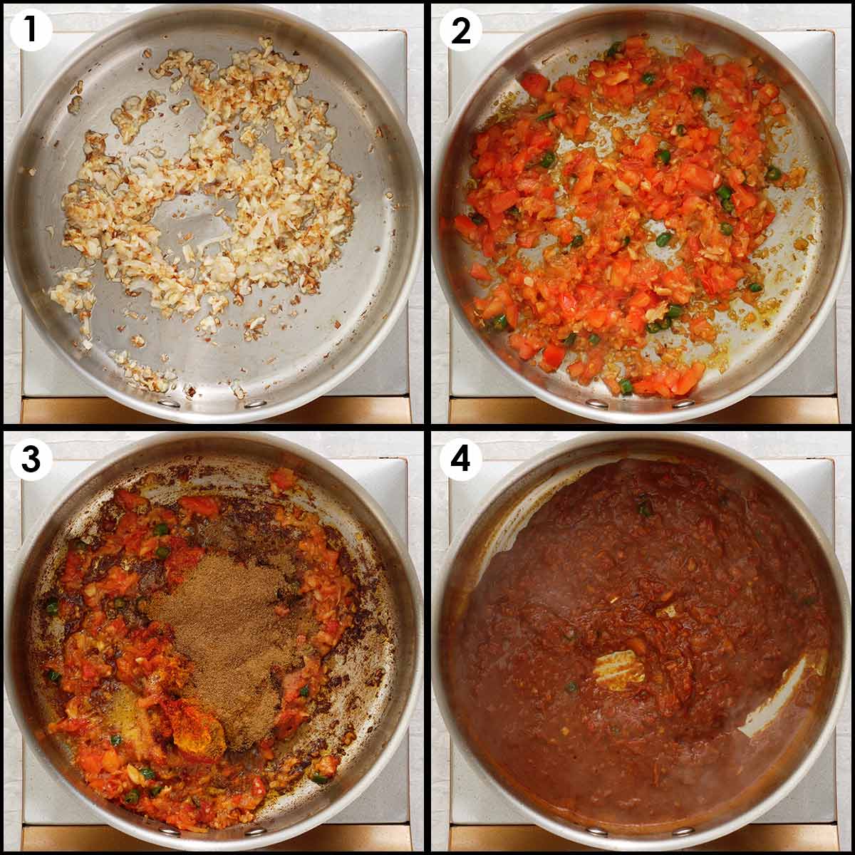 4 image collage showing how to prepare bhuna sauce.