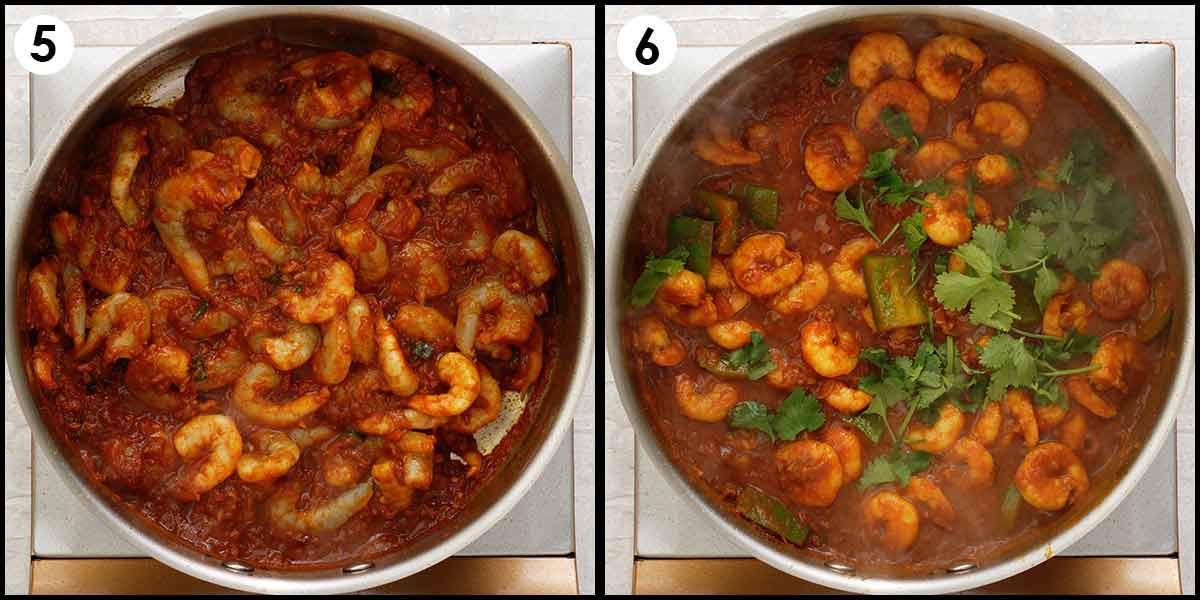 2 image collage showing, how to cook shrimp with curry sauce. 