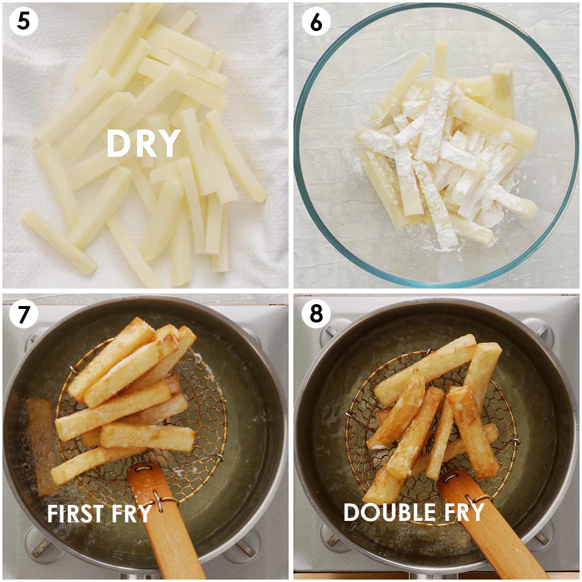 4 image collage showing how to coat and double fry chips.