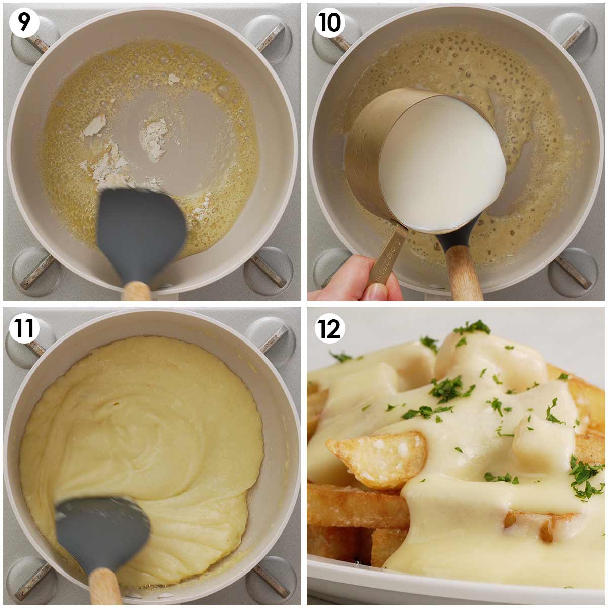 4 image collage showing how to make cheese sauce and how to serve with fried chips. 