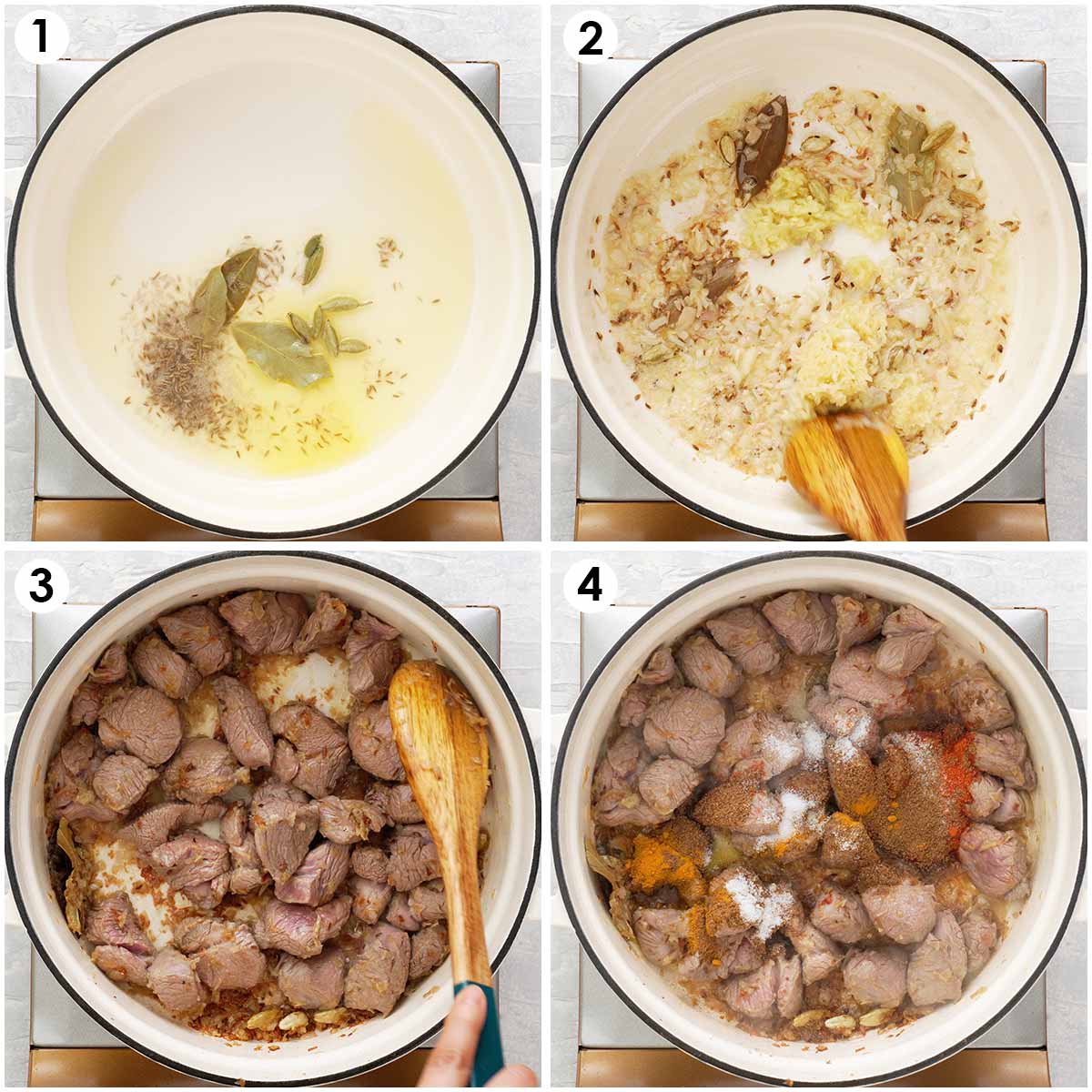 4 image collage showing how to stir fry onions, ginger, garlic and lamb with spices. 