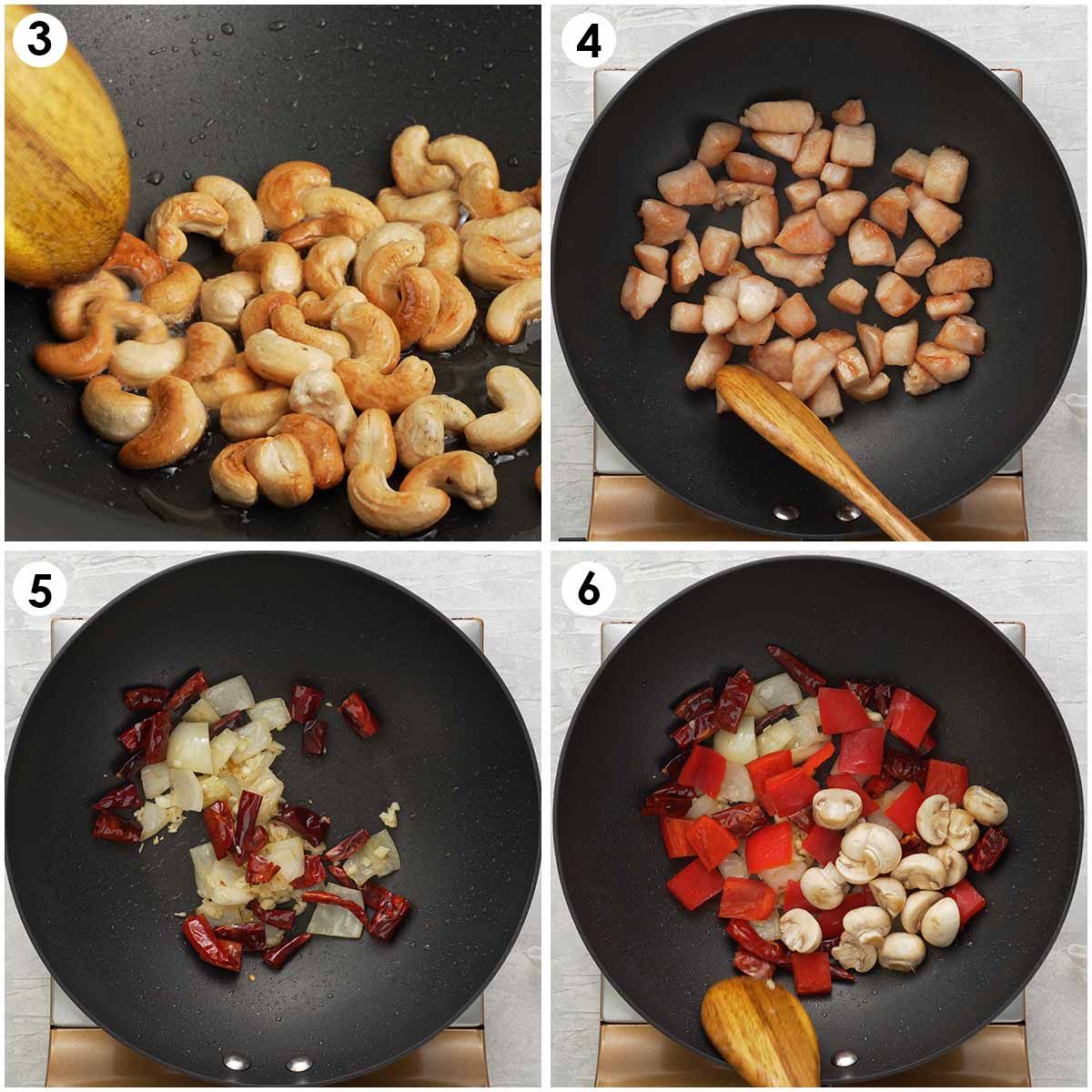 Four image collage showing how to prepare cashew nuts, chicken and vegetables.