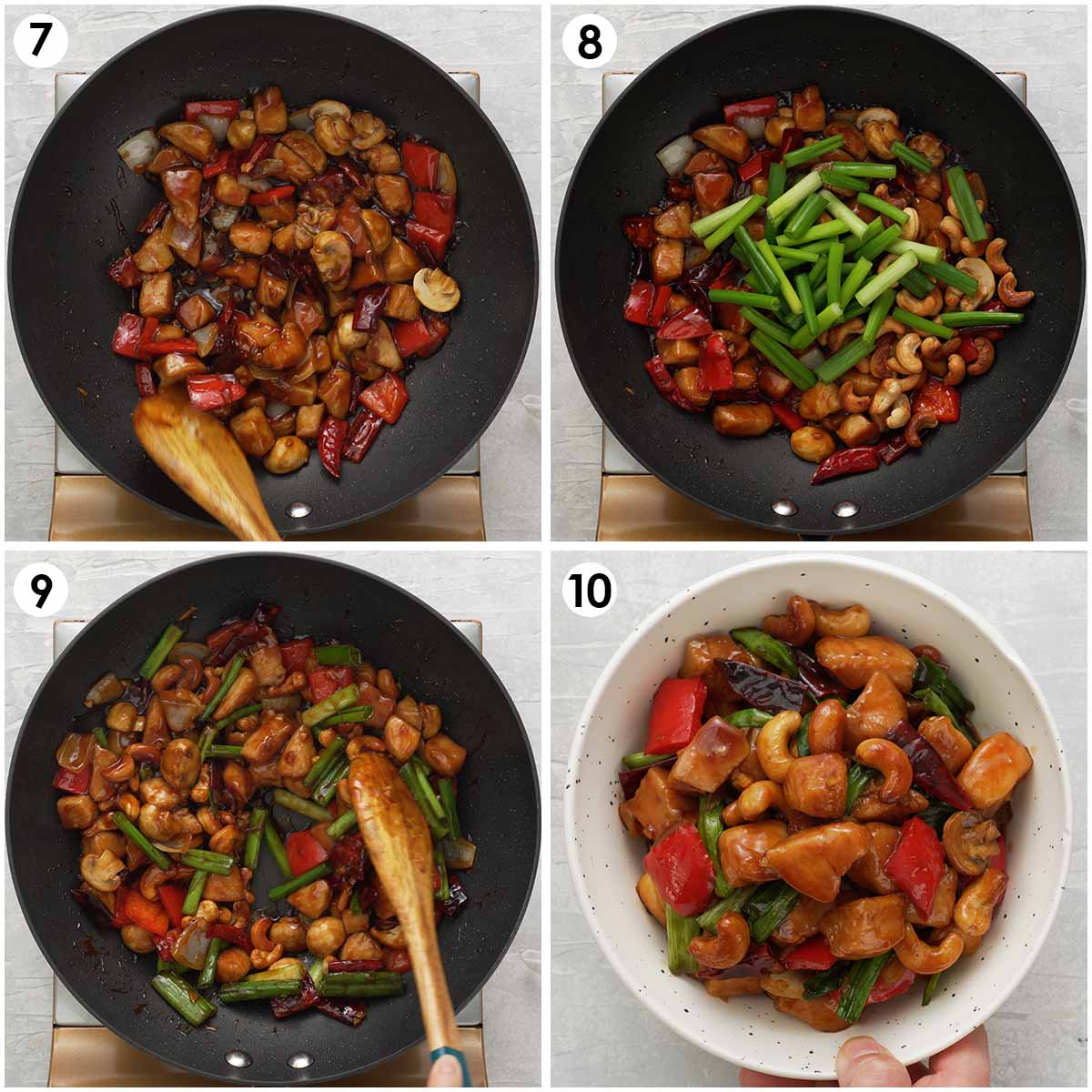 Four image collage showing how to cook chicken stir fries with cashew nuts and sauce. 