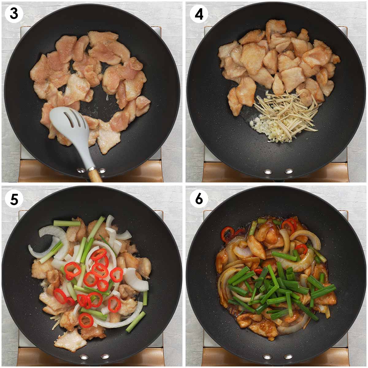 Four image collage showing how to make chicken stir fry with spring onions.