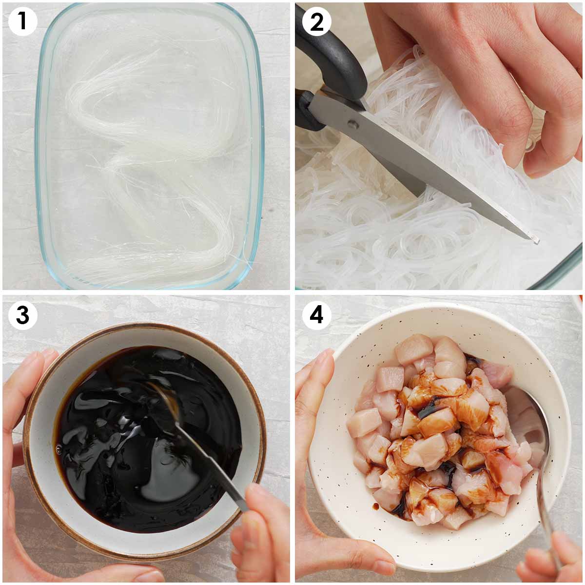 4 image collage showing how to prepare glass noodles, stir fry sauce and chicken marinade. 
