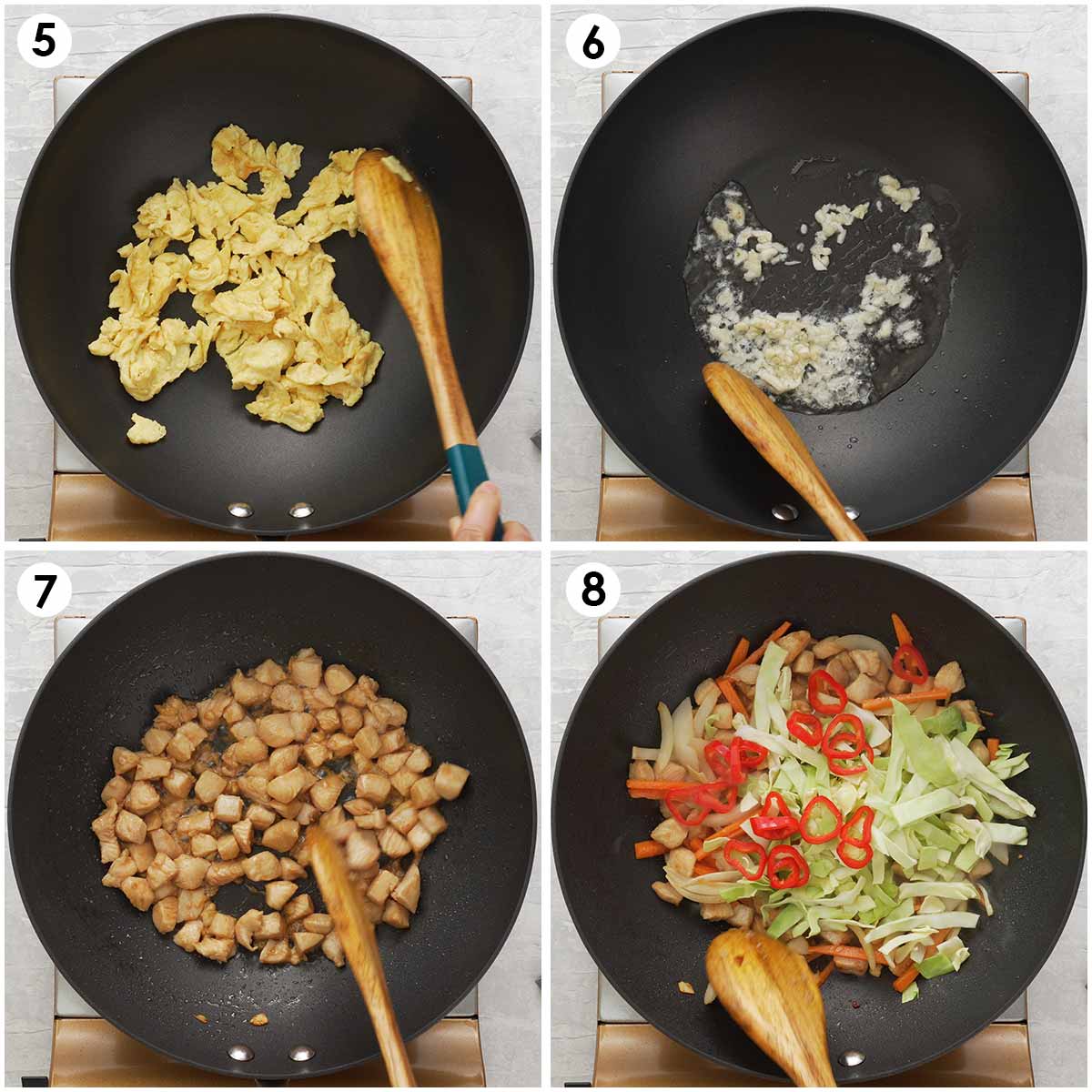 4 image collage showing how to make crumble eggs and how to stir fry chicken and vegetables.