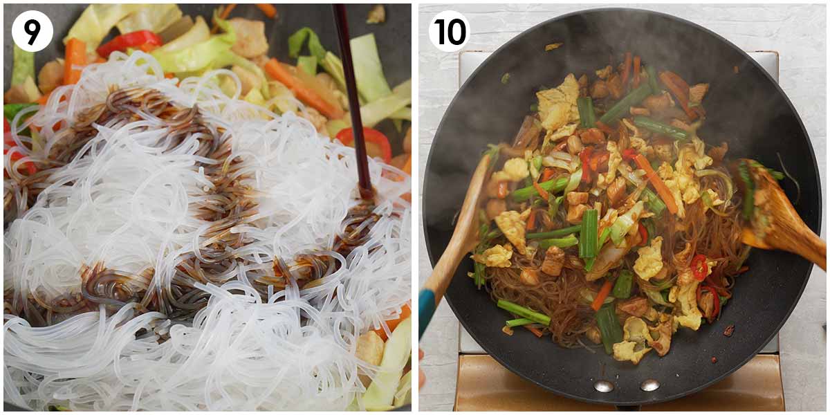 2 image collage how to fry cellophane noodles with sauce and vegetables.