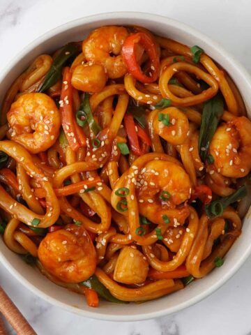 A white bowl containing stir fried seafood udon noodles with spicy red sauce.