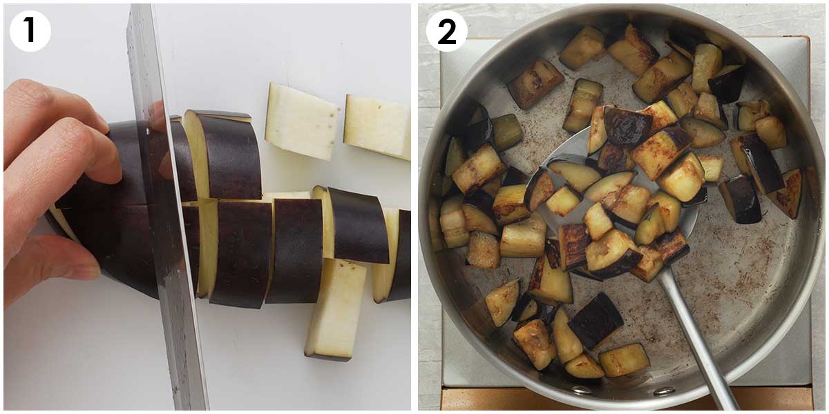 Two image collage showing how to cut aubergine and how to stir fry it. 
