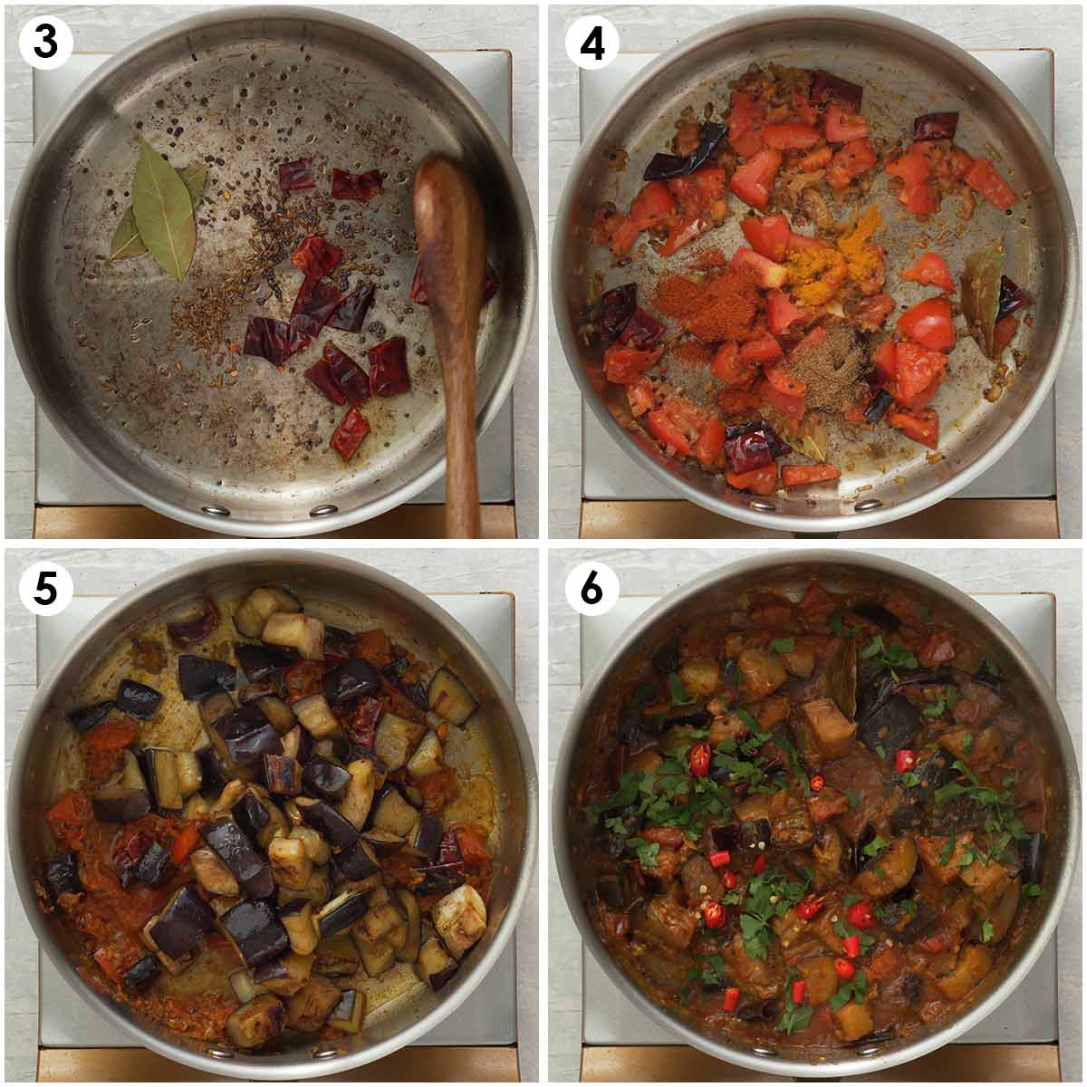 Four image collage showing how to cook brinjal in tomato curry sauce. 