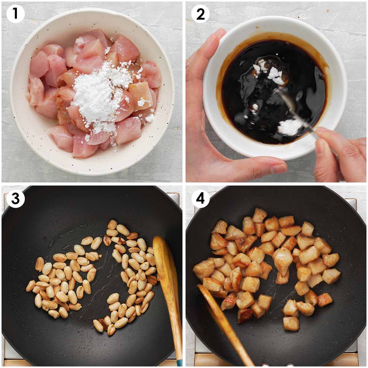 4 image collage showing how to prepare chicken, stir fry sauce, peanuts and chicken. 