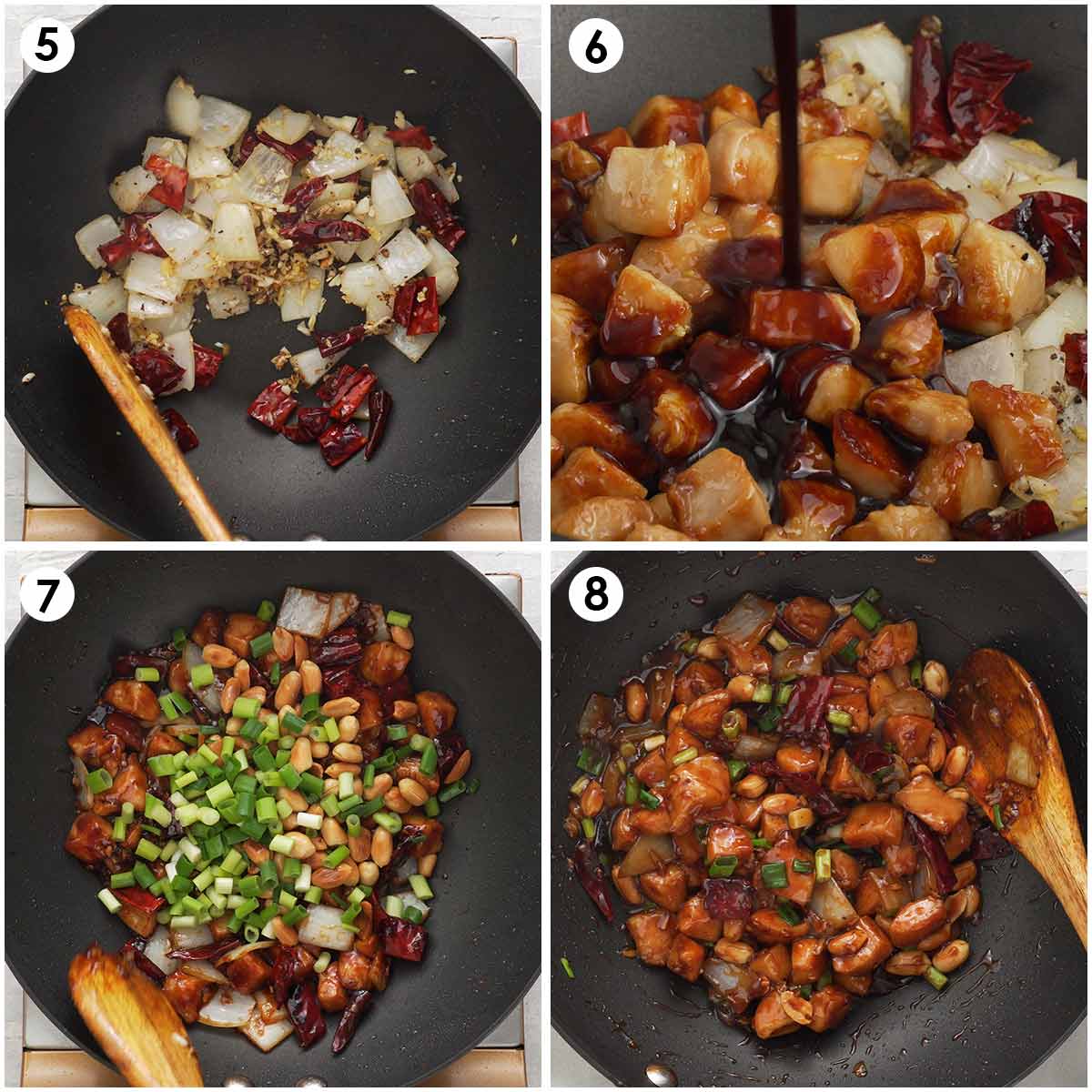 4 image collage showing on how to stir fry chicken with kung pao sauce. 