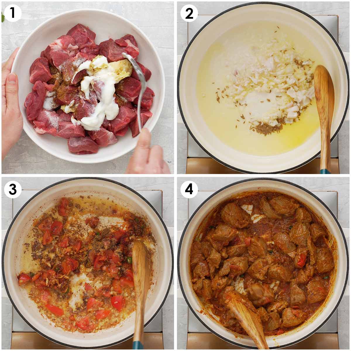4 image collage showing how to marinate lamb and how to prepare karahi curry sauce with tomatoes. 