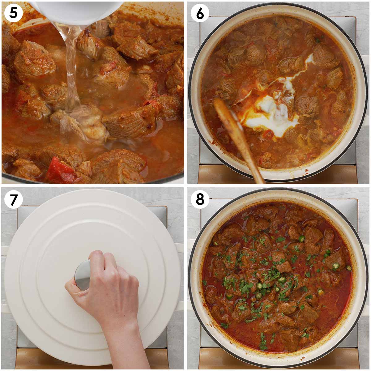 4 image collage showing how to cook lamb curry. 