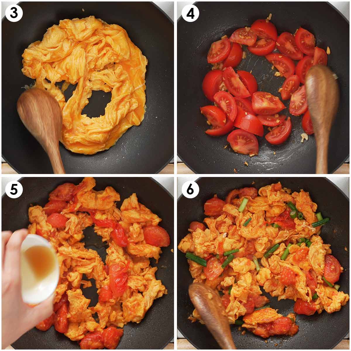 Four image collage showing step by step cooking on how to prepare egg stir fry. 