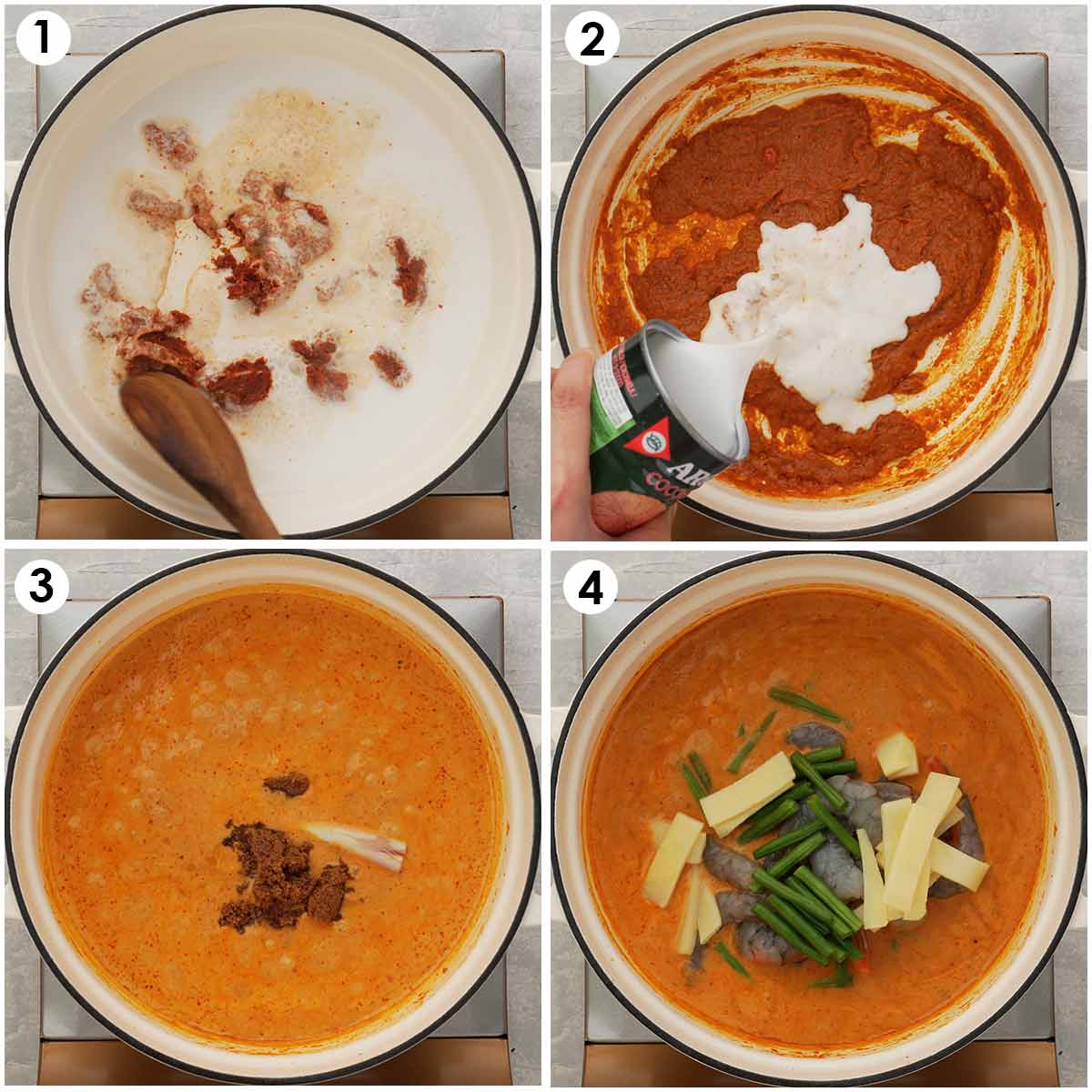 4 image collage showing how to cook red curry sauce with coconut milk, prawns and vegetables.