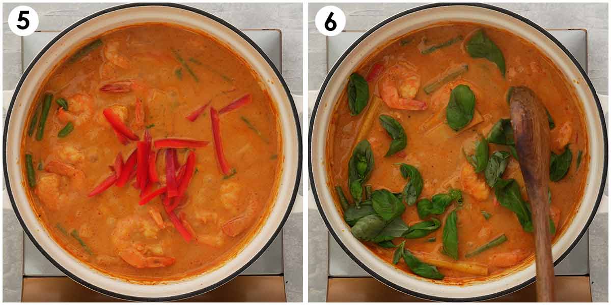 Two image collage showing how to finish the curry sauce with basil leaves and bell peppers. 