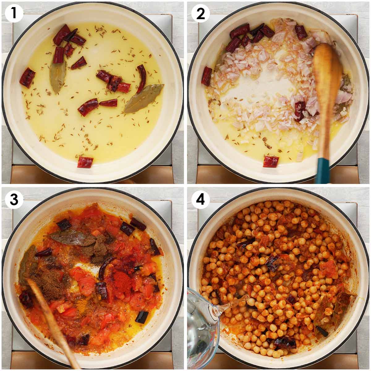 Four image collage showing on how to cook chana curry with tomato sauce. 