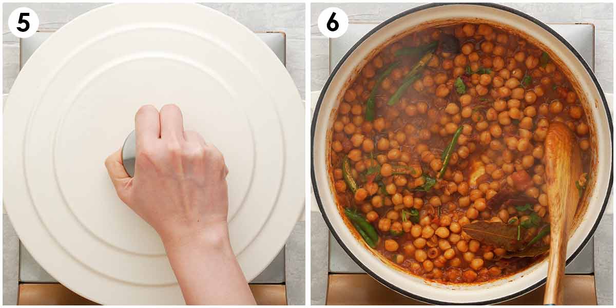 Two image collage on how to simmer chickpea curry and finishing with green chilli and coriander. 