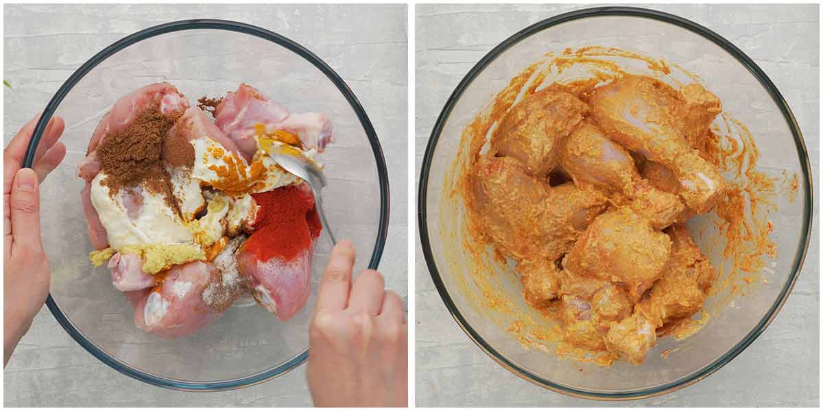 Two image collage showing how to marinate the chicken.