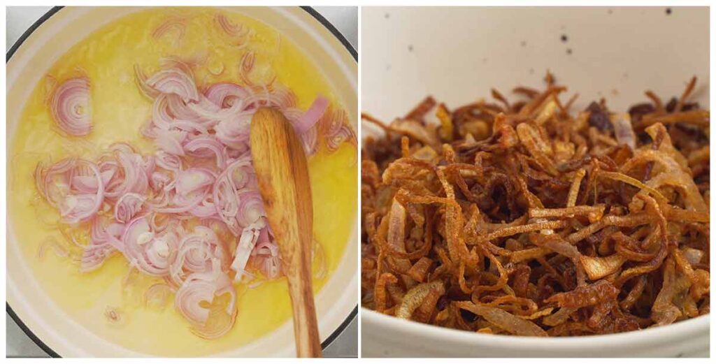 Two image collage showing how to fry the onion.