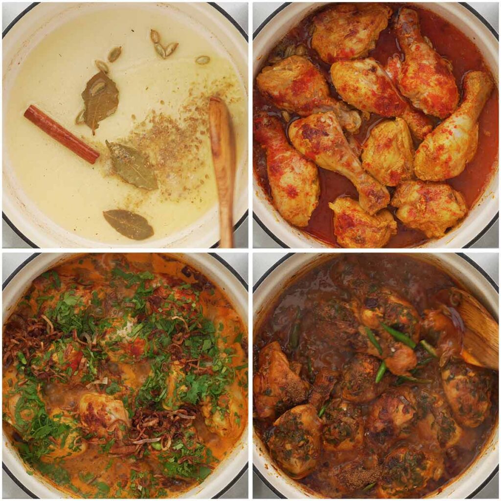 Four image collage showing how to cook the curry.