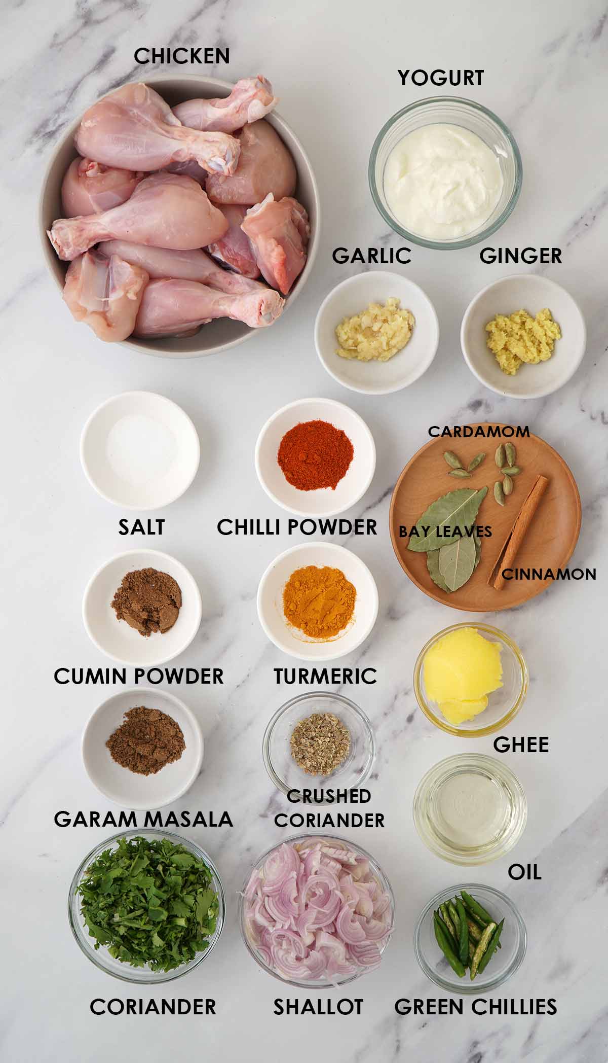 Labelled ingredients of chicken marinade, spices, and curry sauce ingredients.