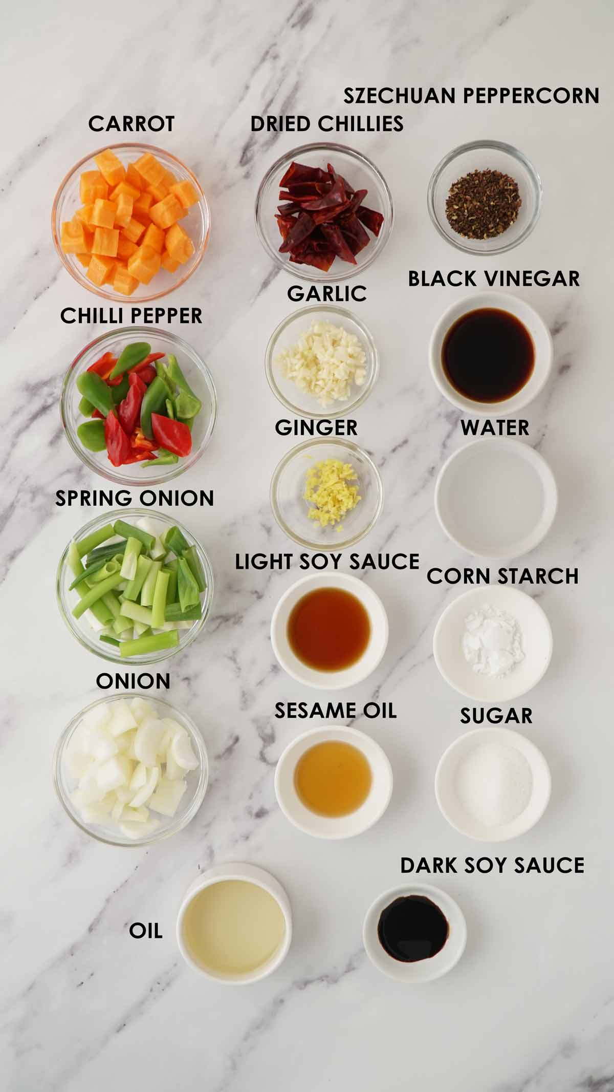 Labelled vegetables and stir fry sauce ingredients of making Sichuan tofu, displayed on the white table. 