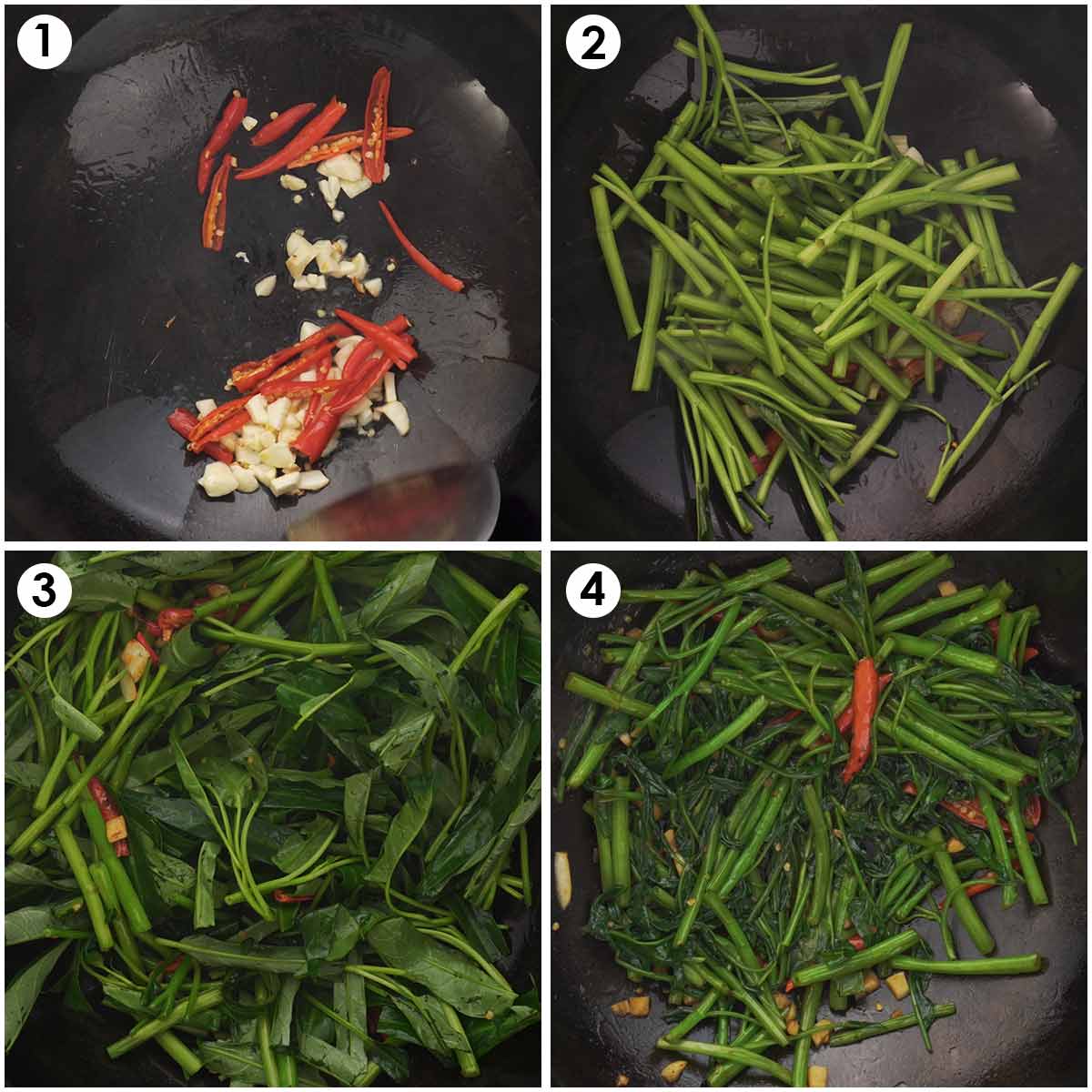 4 image collage showing how to cook morning glory with garlic and red chillies. 