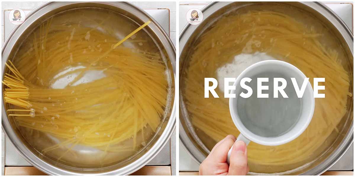 Two image showing how to prepare spaghetti.