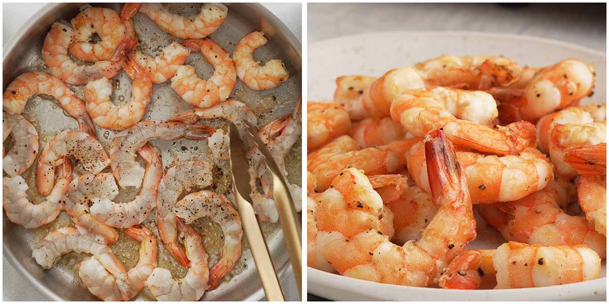 Two image collage showing how to cook the prawn.