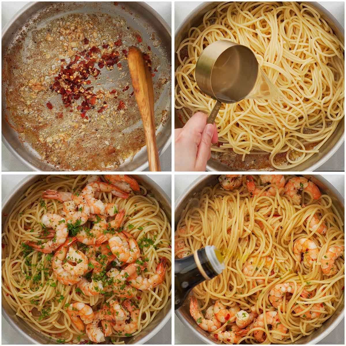 Four image collage showing how to cook pasta with prawn.