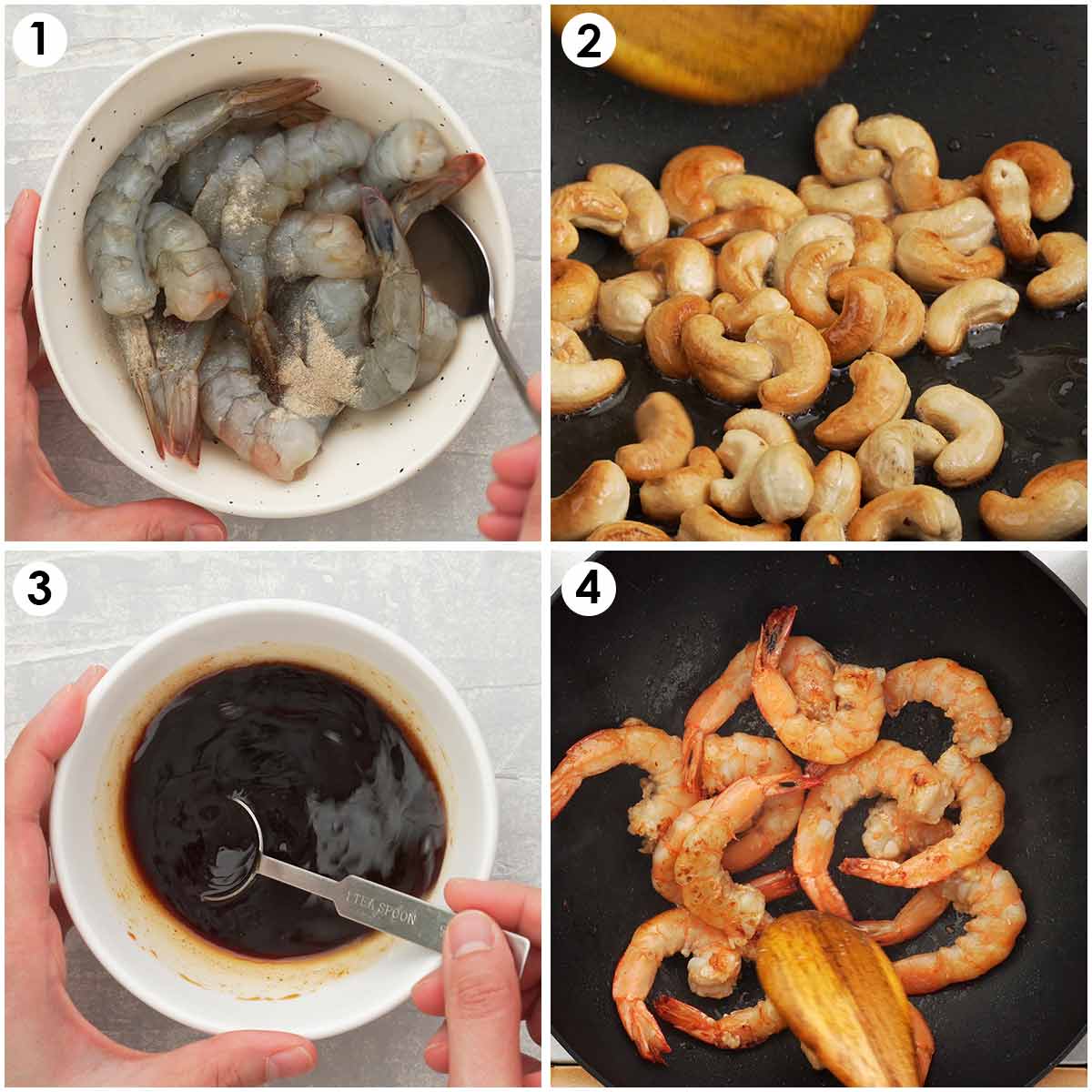 4 image collage showing how to prepare king prawns, cashew nuts and kung pao sauce.