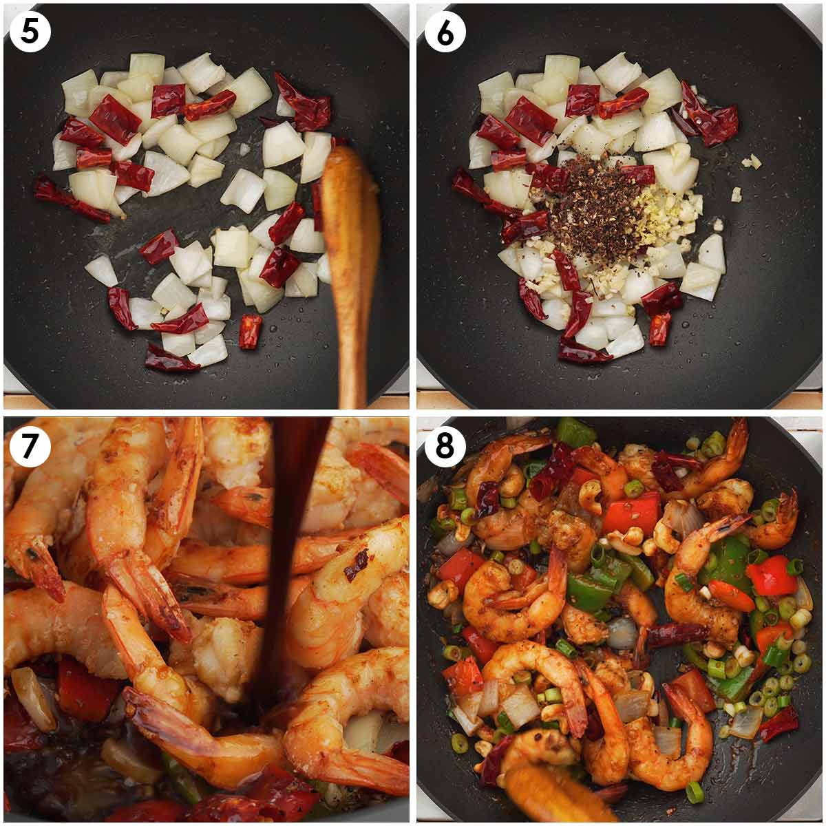 4 image collage showing how to cook king prawns with vegetables and spicy sauce.