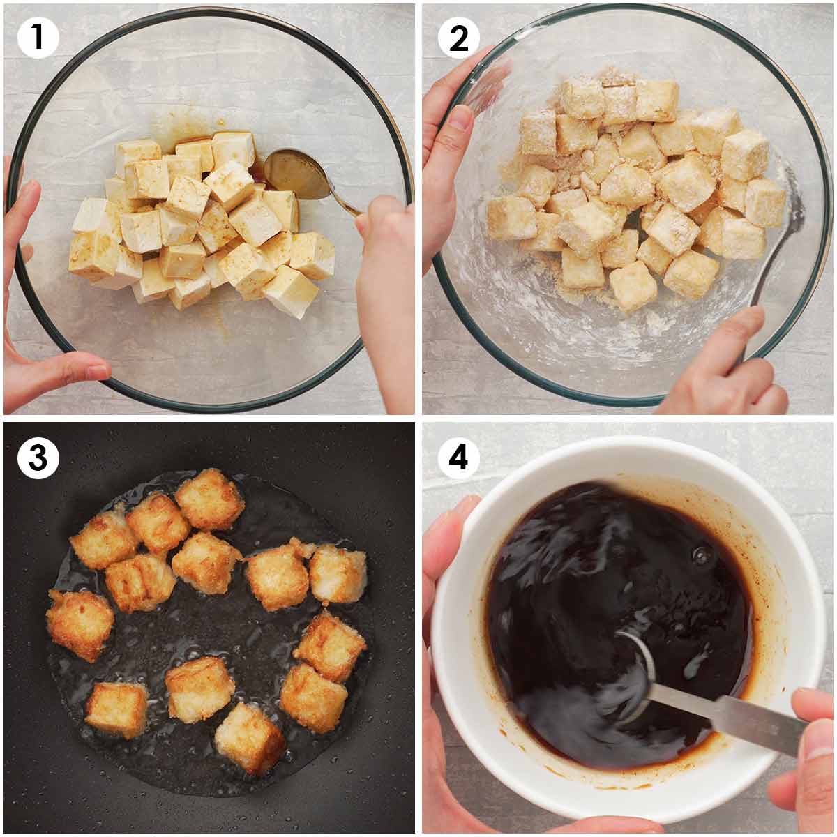 4 image collage showing, how to prepare tofu and sauce.