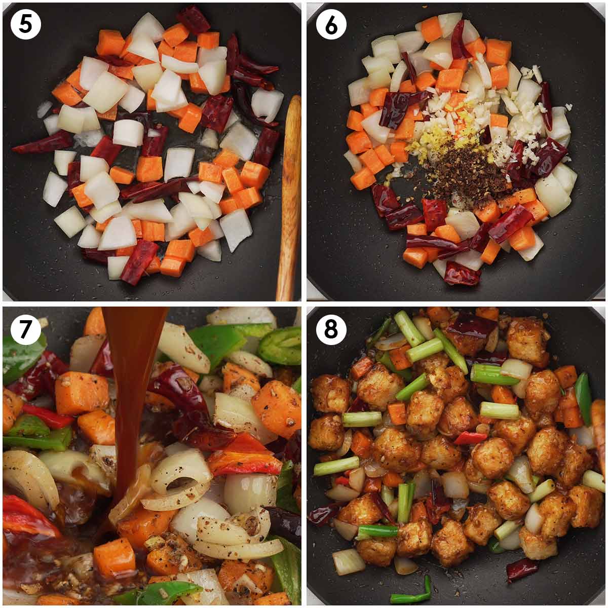 4 image collage showing how to cook tofu with Sichuan peppercorns, chillies and vegetables.