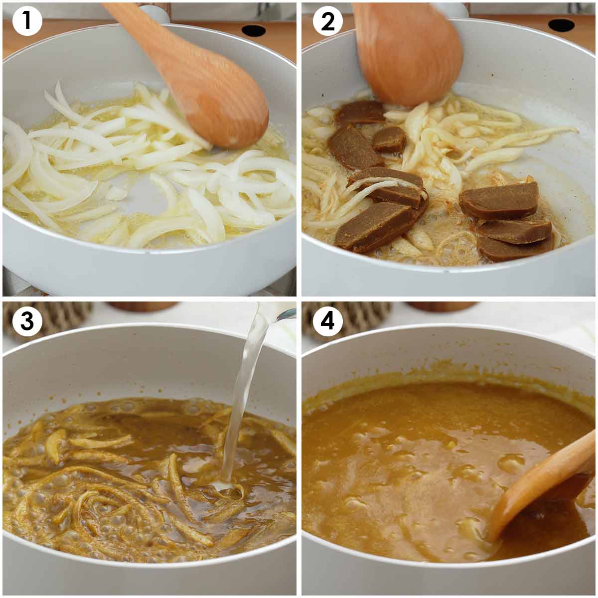 4 image collage showing how to cook Japanese curry sauce with onions and curry roux.