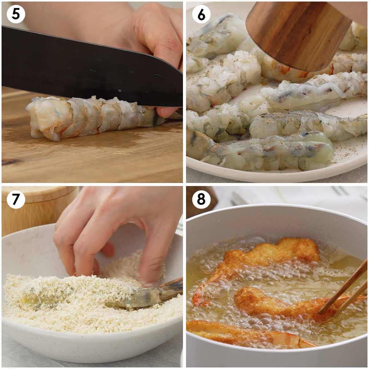 4 image collage showing how to prepare panko prawns and deep fry them.