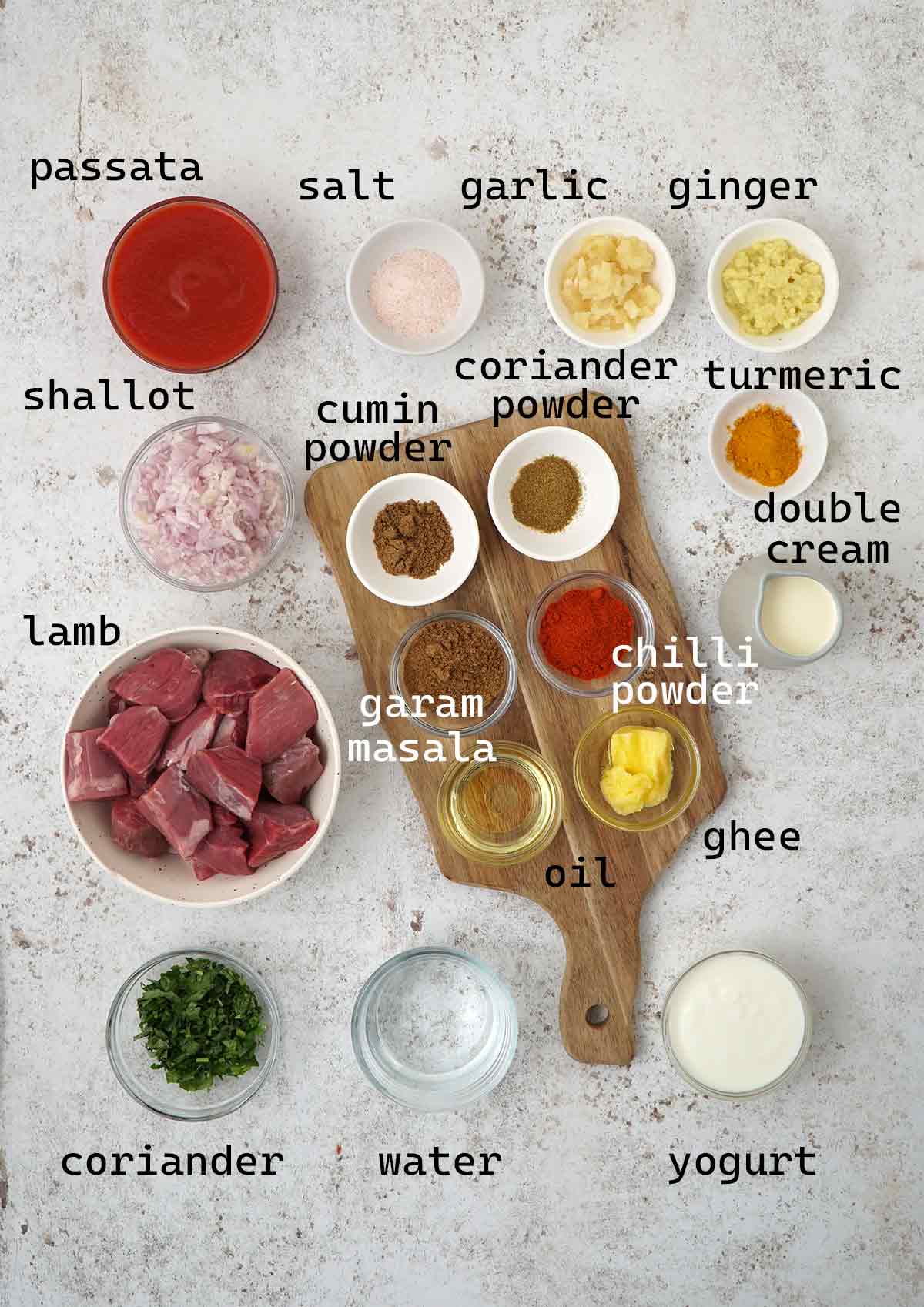 Labelled ingredients of making masala lamb curry. 