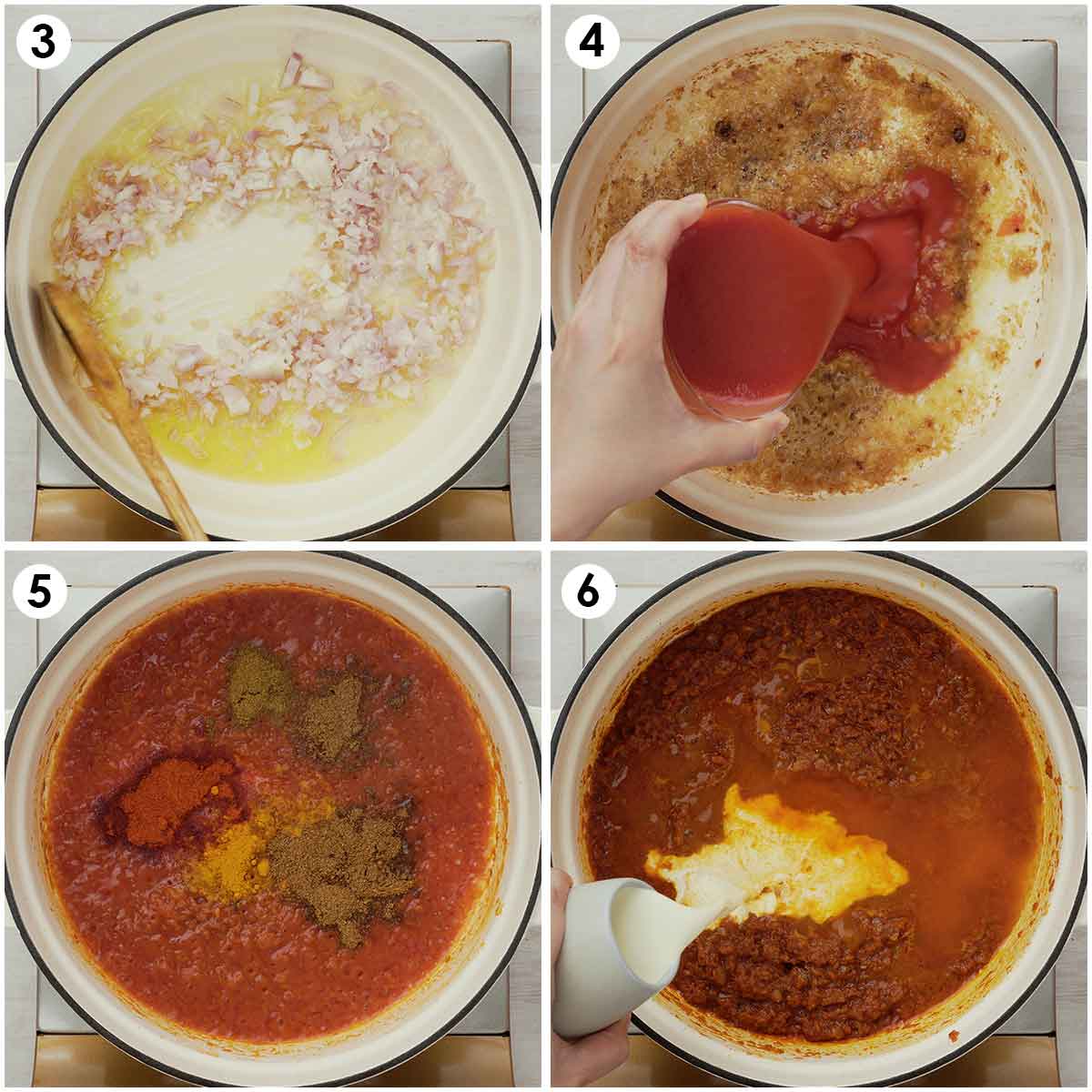 4 image collage showing how to cook curry sauce with tomatoes, onions, and heavy cream. 