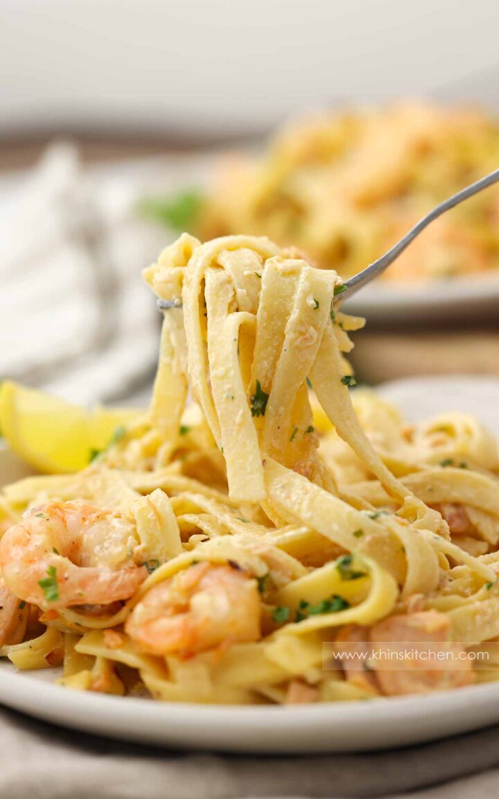 Salmon and Prawn Pasta - Khin's Kitchen