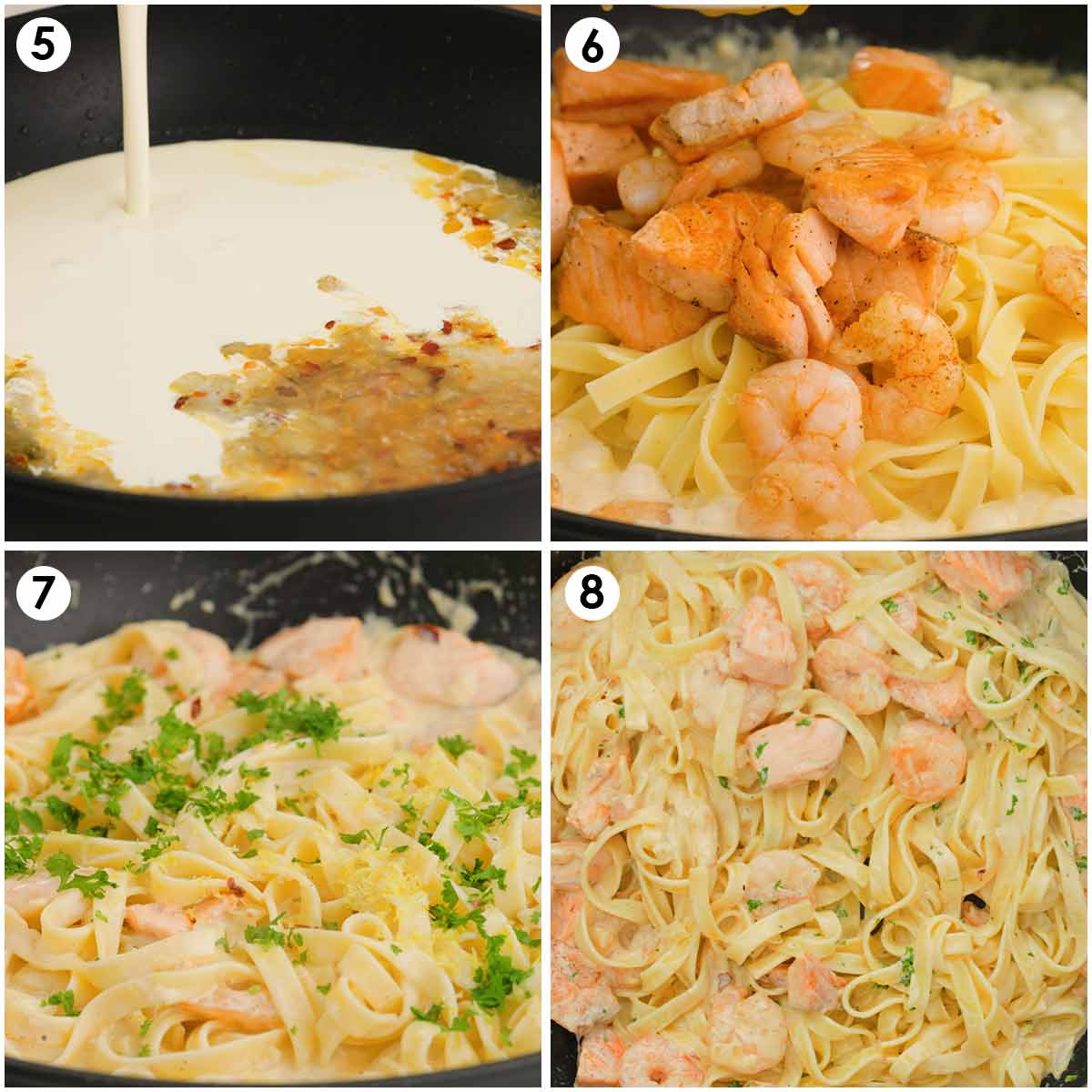 4 image collage showing how to cooking pasta with cream and seafood.