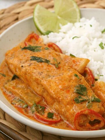 A white plate containing salmon curry with creamy sauce and white rice on the side.
